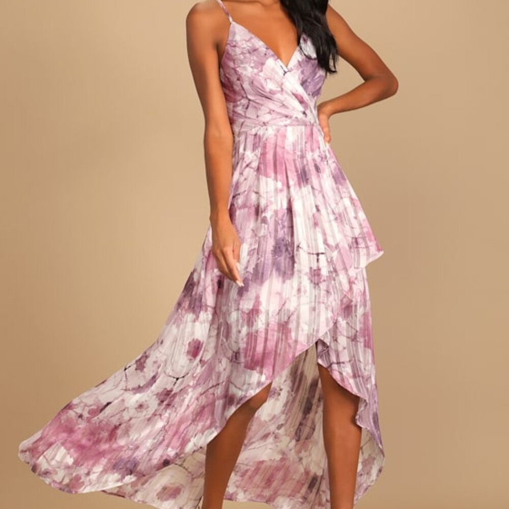 Lulus An Enchanting Dream Purple Multi Print High-low Maxi Dress - Size M
